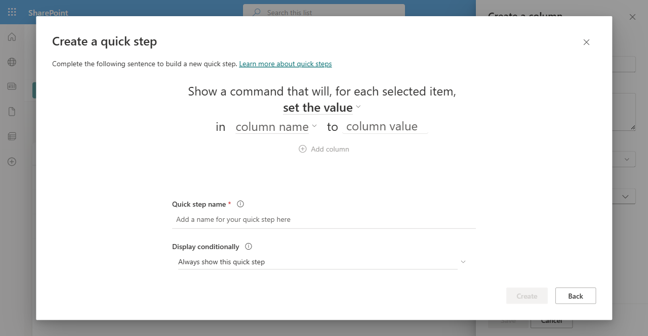 Sentence builder UI showing: Show a command that will, for each selected item, set the value in column name to column value