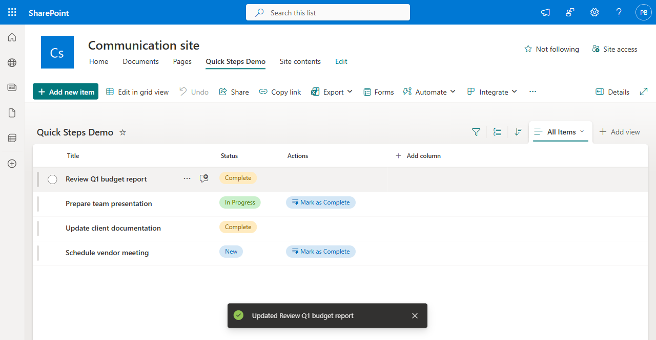 After clicking Mark as Complete: the item status changed to Complete, button disappeared, and a success toast shows Updated Review Q1 budget report