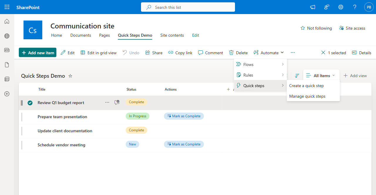 Automate menu showing Flows, Rules, and Quick steps sub-menus, with Create a quick step and Manage quick steps options
