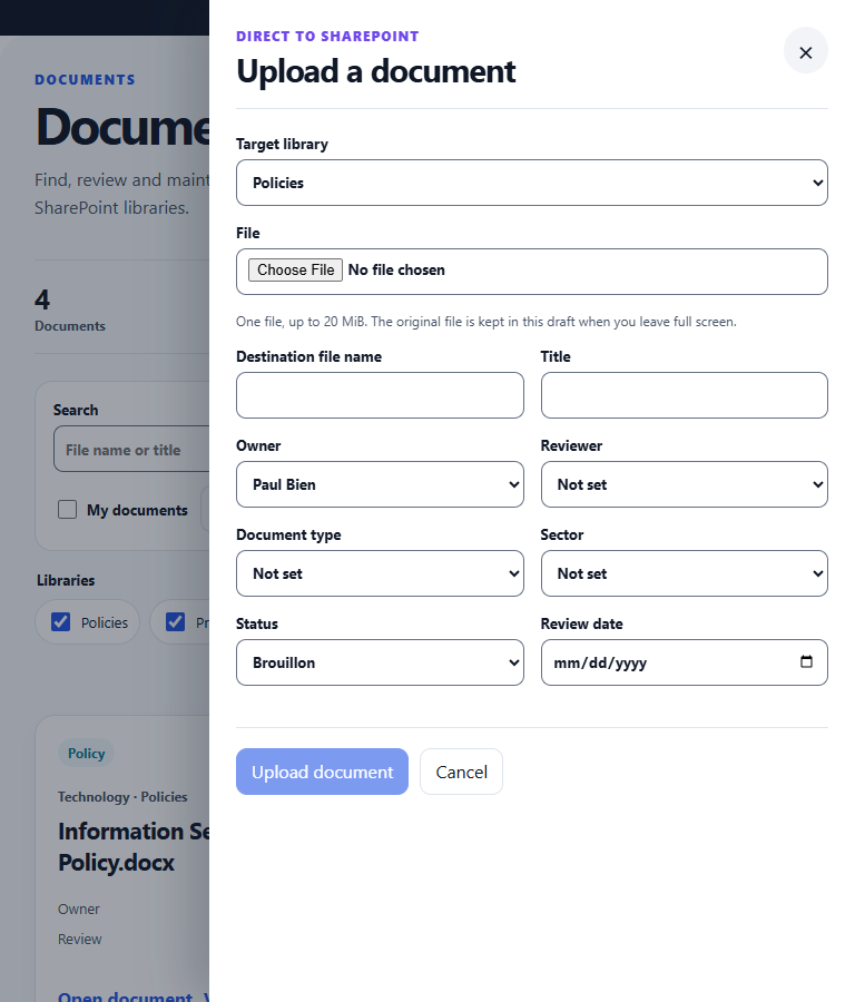 LOCAL MOCK PREVIEW avec données synthétiques montrant le formulaire d’upload Document Hub, le fichier et les metadata SharePoint