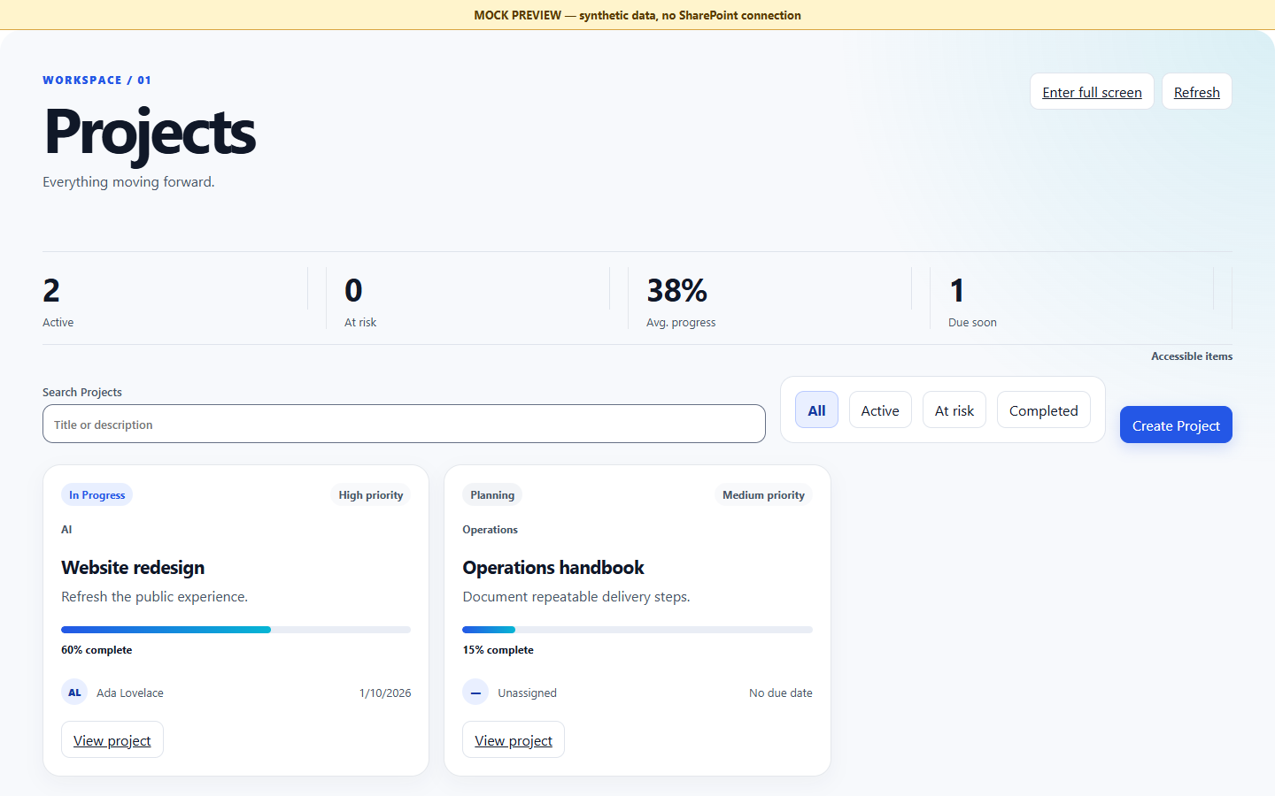 LOCAL MOCK PREVIEW avec données synthétiques montrant l’interface Project Hub, ses KPI, la recherche, les filtres et les cartes projet