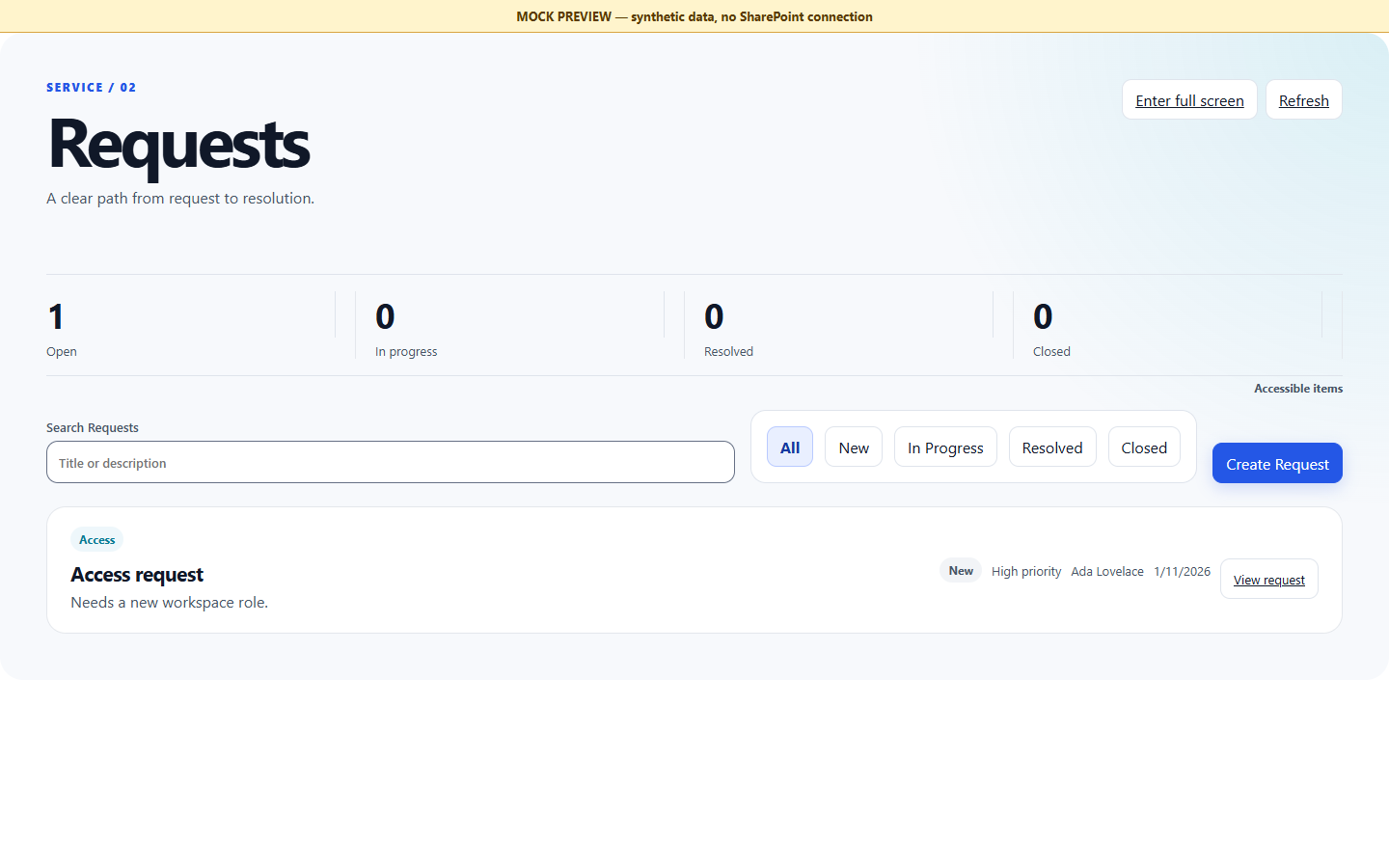LOCAL MOCK PREVIEW avec données synthétiques montrant l’interface Request Hub, les résumés de statut, la recherche, les filtres et les demandes